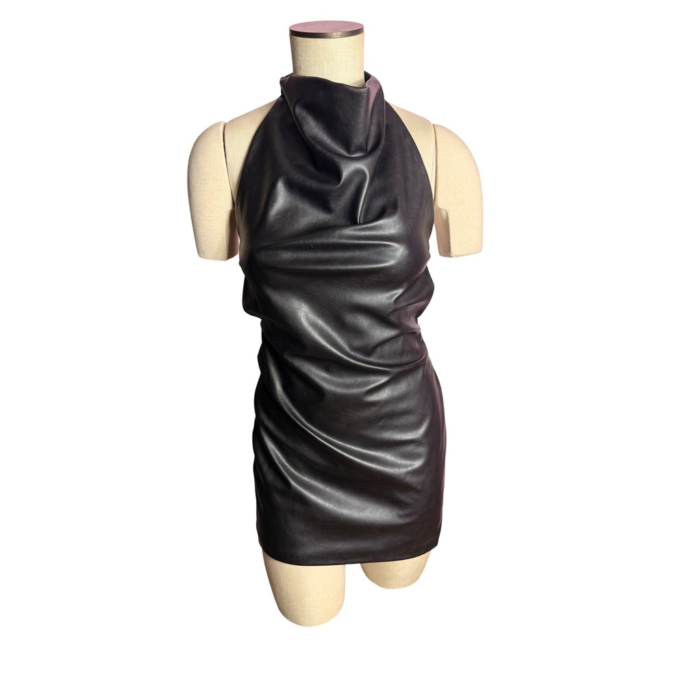 Zara Faux Leather Mini Dress S Black Halter Open Back Bodycon Night Out